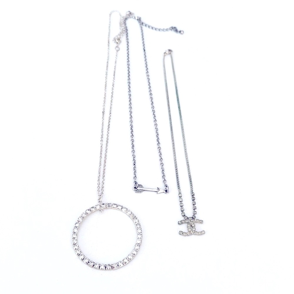 Lot of 3 Silver Tone & Rhinestone CZ Pendant Necklaces - Picture 1 of 5